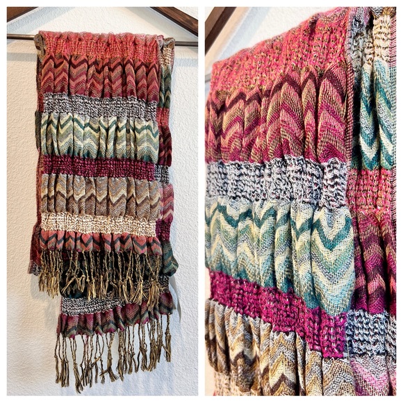 Fashion Bug Chevron Knit Fringe Scarf Multicolor Boho Retro Zig Zag 10”x70” NWT - Picture 1 of 8